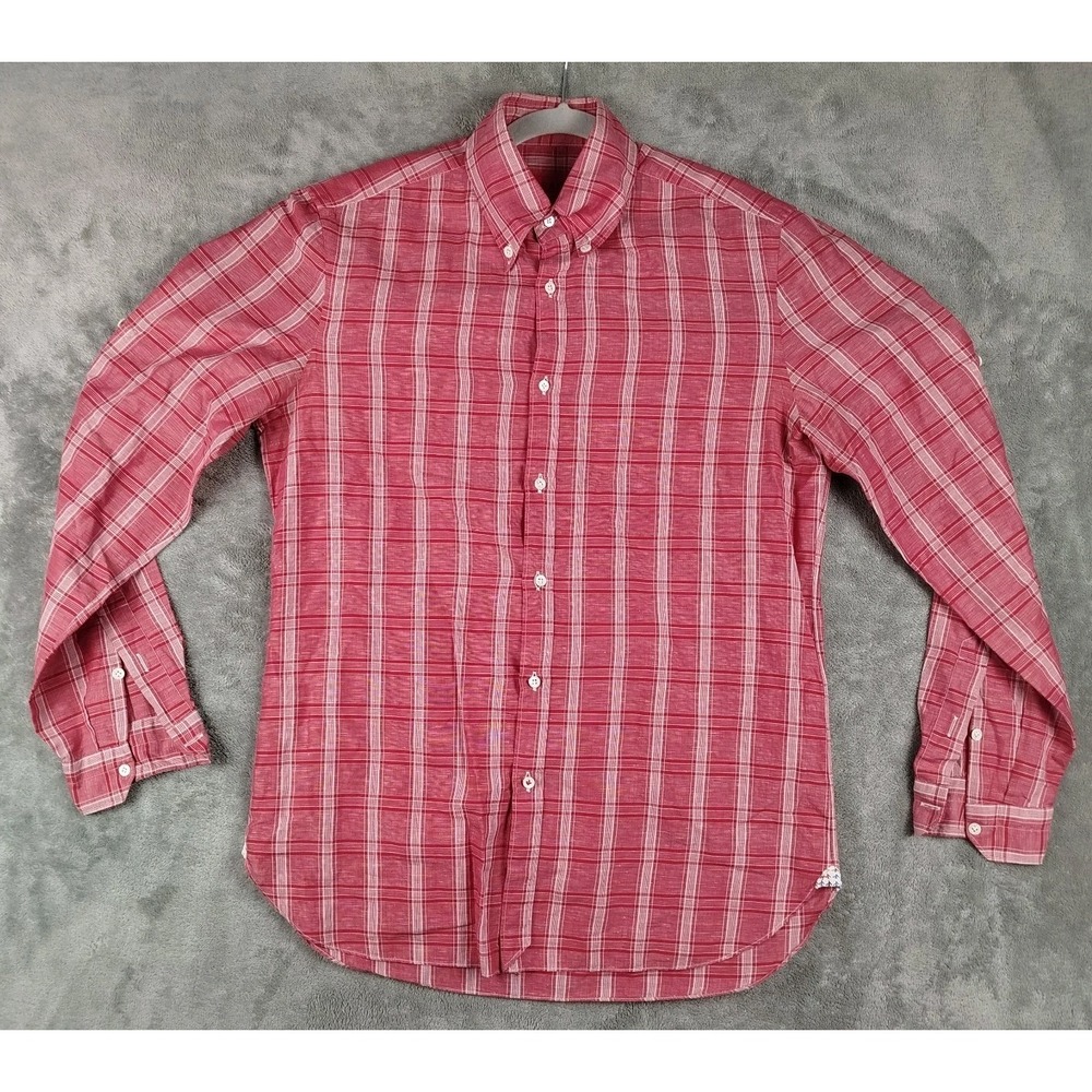 ISAIA Napoli Red Plaid Cotton Linen Button Up‎ Dress Shirt Mens 15.5 / 39 EC